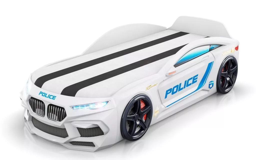 Кровать машинка ROMEO-M с подсветкой фар полиция белый