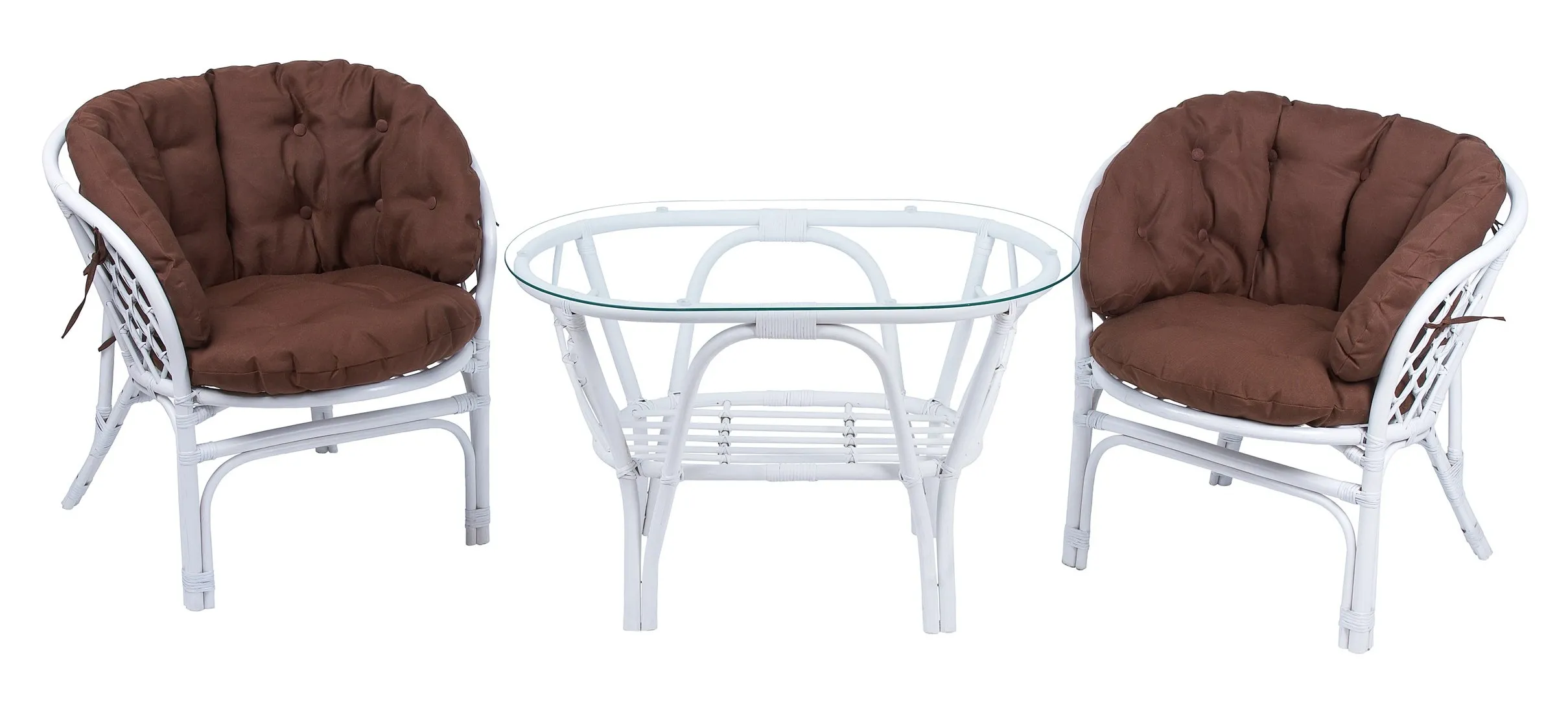 Комплект мебели из ротанга Багама дуэт с овальным столом белый (подушки твил полные коричневые)