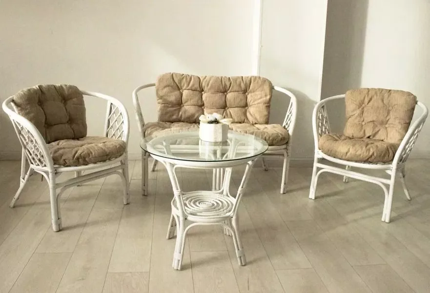 Комплект мебели из ротанга Багама с диваном белый матовый (подушки шенилл обычные светлые)